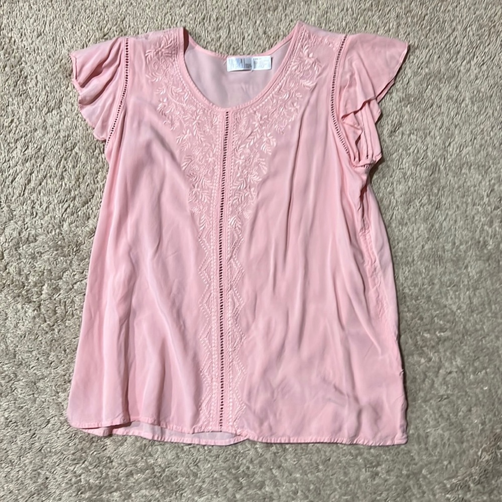 Pink embroidered short flutter sleeve top